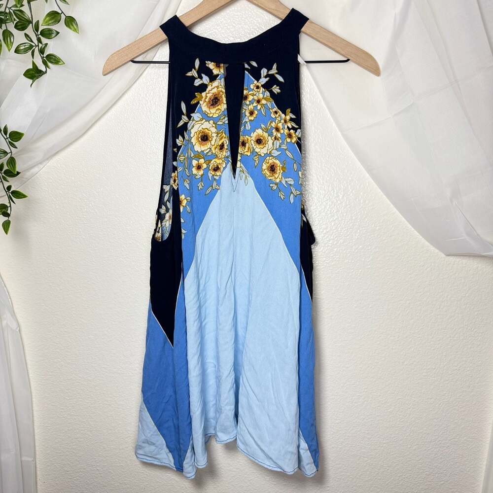 Free People Beat of My Heart Floral Halter Tunic Top Large Blue Black